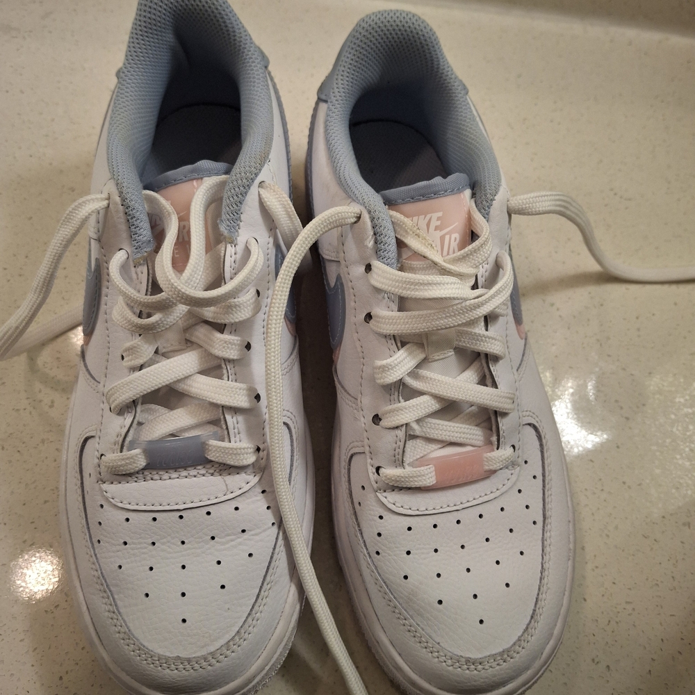 Nike Kids White Sneakers with Light Blue & Pale Pink Accents